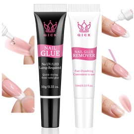 QIEK No-Lamp Nail Glue & Remover Set for Press Ons, 10ml Quick Dry 28 Days Super Strong Hold Glue on Nails, 10g Gentle Easy Removal with Tools Set for Beginner DIY Home, Not for Gel Polish Base Coat