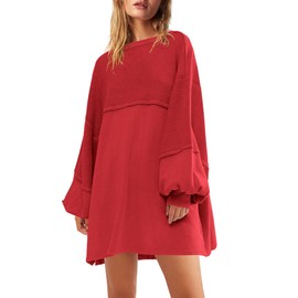 Panadila Womens Oversized Long Sleeve Patchwork Sweatshirt Dress Crewneck Tunic Sweatshirts Fall Loose Pullover Top(Red,L)