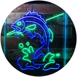 Fish on Hook Fishing Lover Cabin Man Cave Dual Color LED Neon Sign Green & Blue 8.5" x 12" st6s23-i3146-gb