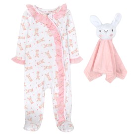 Baby Essentials Infant Girls 2 Piece Ruffled Easter Bunny Onesie Footie with Matching Lovey Blanket (2 Piece Ruffled Easter Bunny, 0 Months)