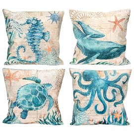 Philo Fun 4-Pack Nautical Pillow Covers 20x20 Inches - Sea Turtle Seahorse Octopus Print Cushion Cases for Sofa, Couch or Coastal Home Décor