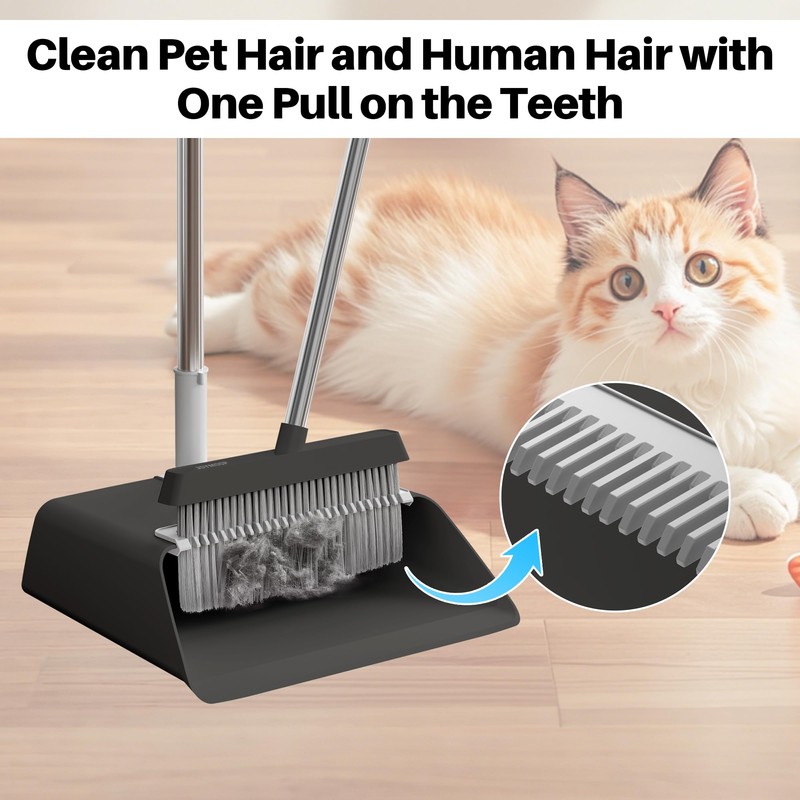 JOYMOOP Black Broom and Dustpan Set, Upright Angle Design with