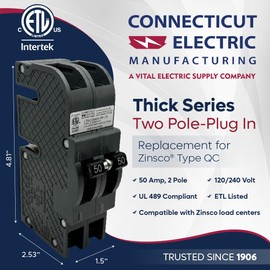 Connecticut Electric UBIZ250-1 - 50 Amp 1-1/2 in 2-Pole Zinsco QC50 Compatible Circuit Breaker, ETL Listed, Safe & Reliable Replacement