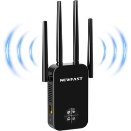 NEWFAST WLAN Amplifier, 1200 Mbit/s WiFi Extender Powerful WLAN Repeater with 4 Swivelling Antenna, WPS, Ethernet Port, MU-MIMO, Support Repeater/Router/Ap Mode for Home and Office, EU Plug