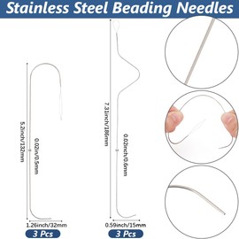 Beebeecraft 6Pcs 2 Styles Big Eye Curved Beading Needles 5.2 Inch 0.5mm/7.3 Inch 0.6mm Stainless Steel Iron Beading Spinner Needle for Seed Bead Spinner Jewelry Making Bracelet Necklace DIY Crafts