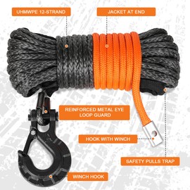 Aomifunny Synthetic Winch Rope,1/4" x 50 ft 10000Lbs Winch Rope Line, Synthetic Winch Cable with Protective Sleeve+Winch Hook+Safety Pull Strap for Offroad Vehicle ATV UTV SUV (Green)