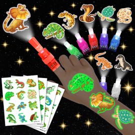 72 PCS Reptile Party Favors – 48 PCS Luminous Tattoos & 24 PCS LED Finger Lights Combo – Birthday Goodie Bag Fillers, Party Supplies, Gifts Light Up Toys Glow In The Dark for Boys and Girls