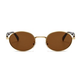 YAMEIZE Retro Oval Gold Sunglasses Women Men Small Round Sunglasses Vintage 90s Sun Glasses Metal Frame UV400 (Gold Leopard Brown)