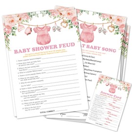 Baby Shower Feud & Name That Baby Song Theme Baby Shower Games Activity-Pink Clothes Game Cards for Girls-30 Blush Flowers Game Cards & 1 Answer Card-Baby Shower Party Supplies & Favors-B05