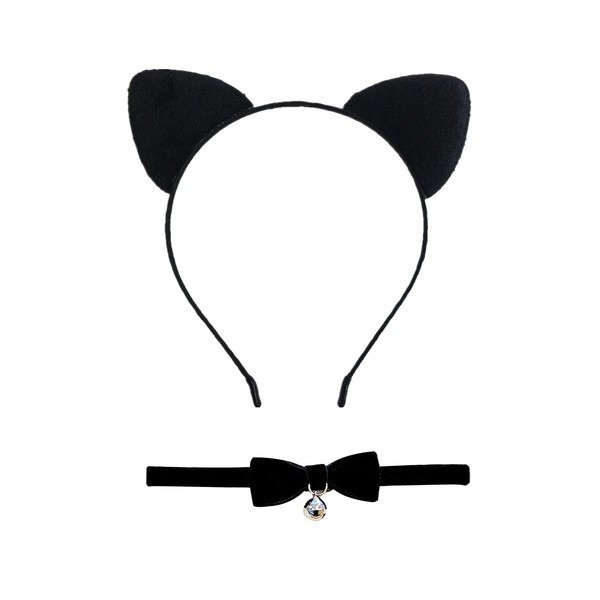 Cat Ears Headband With Bell Collar Set, Black Costume Accessories