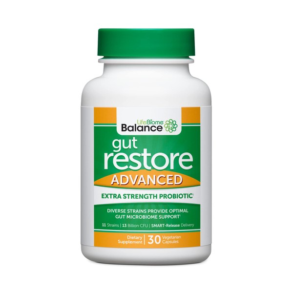 Dr. Drew Sinatra’s LifeBiome Gut Restore Advanced, Maximum Strength Microbiome Probiotic with Fermented Botanicals, 11 Multi Strains, 30 Once-Daily Capsules, Vegetarian, Soy-, Dairy-, and Gluten Free
