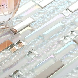 Blujellyfish Glass Metal Tile Iridescent White Glass Silver Mirror Stainless Steel Blends Interlocking Strip Wall Tiles TSTNB01 (Pack of 5 Sheets)