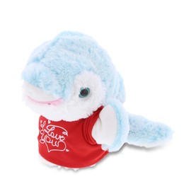 DolliBu I Love You Valentine Plush Dolphin Hand Puppet - Cute Stuffed Animal with Red Shirt and Name Personalization Gift for Valentines Day, Birthday, Anniversary - 13 Inches