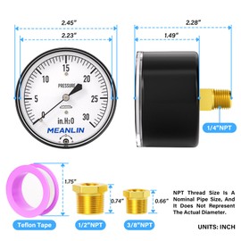 MEANLIN MEASURE 0-30 in H2O Diaphragm Type Capsule Low Pressure Gauge 1/4" NPT 2-1/4" FACE DIAL Adjustable Water Column Gauge, with 1/4" x 1/2" NPT and 1/4" x 3/8" NPT Hex Bushing, Lower Mount