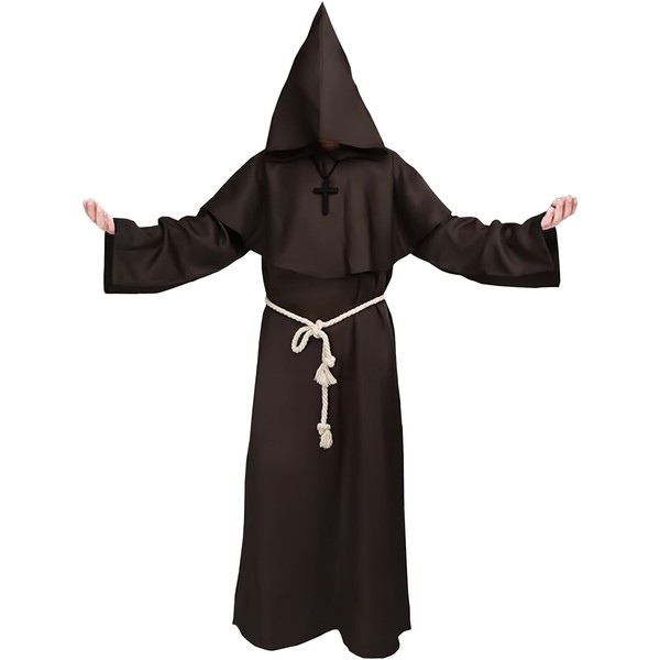 Kitimi Monk Costume Adult Men, Hooded Monk Robe Outfit, Costume Medieval Friar Hooded, Renaissance Priest Robe, Halloween Costumes for Men, Fancy Dress for Halloween, Carnival (Brown)
