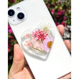 PetitePop Pressed Pink Flowers Phone Grip,Heart Dried Flowers Clear Phone Stand, Expanding Cell Phone Charms Accessory, Interchangeable Kickstand, Collapsible Handle Grip Holder for Kindle