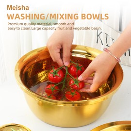 Meisha Colander, 3Pcs Stainless Steel Kitchen Tool 3 in 1 Drain Basket Fruit and Vegetable Cutter Strainer Bowl Set Drain Pot Basket Grater for Fruits Vegetables Rice Washing Mixing - Gold