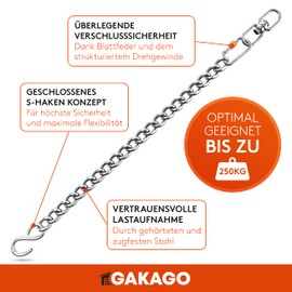 Gakago Extension Chain as Hanging Chair Chain, Swing Extension, Punch Bag Holder - Extra Strong Steel Chain with S-Hook, Swivel and Carabiner - Flexible Suspension Also for Outdoor Use
