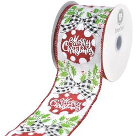 HOMEFORD Adornos colgantes de Feliz Navidad con alambre de satén, 2-1/2 pulgadas, 10 yardas, rojo