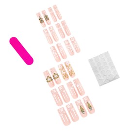 24Pcs Long Coffin Press on Nails Reusable Fake Nails with Glue Cute False Nails with 3D Bow Rhinestone Design Glossy Full Cover Artificial Nails Handmade Acrylic Nails Press ons for Women (Ballerina)