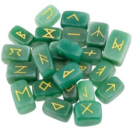 mookaitedecor Natural Green Aventurine Runes Stones Set of 25, Viking Norse Runes with Elder Futhark Alphabet Symbol for Divination Healing Crystal Witchcraft Pagan Supplies Spiritual Gift Room Decor