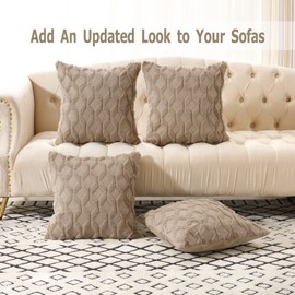 Volcanics Pack of 2 Faux Wool Throw Pillow Covers 18x18 Inches Decorative Farmhouse Velvet Couch Pillow Case Soft Plush Square Boho Cushion Pillowcase, Light Brown