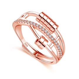 Estrellique 925 Sterling Silver Anxiety Rings, 925 Silver Anxiety Rings for Anxiety Women Children Men, Open Adjustable Anti-Stress Ring with Zircon, 6/7/8 Spinning Beads Double Decompression Ring,