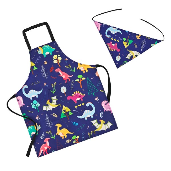 Athbavib Children's Apron, Comic Style Dinosaur Apron, Adjustable Apron for Kids, 47.2 - 55.1 inches (120 - 140 cm), Waterproof Cotton, For Boys and Girls, Kindergarten, Elementary School Students,