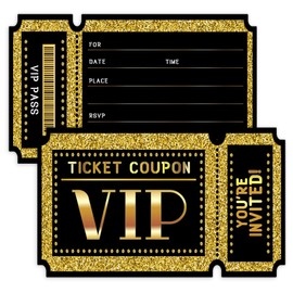 wuguimeii 20 VIP Ticket Coupon Invitations with Envelopes Invite for Birthday Baby Shower Party, Invites Special Ideas, Favors Party Supplies(Black Gold01)