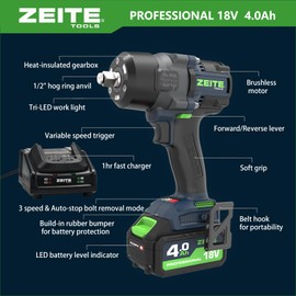 Zeite 18V Cordless Impact Wrench Kit,High Torque 1/2" Brushless Impact Gun,Max Torque 885 Ft-lbs(1200Nm),4 Torque Mode,Variable Speed,4 x Sockets,1 x 4.0Ah Battery,Carry Case,Ideal for Car Truck Home
