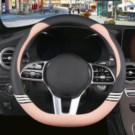 Binsheo Cute Steering Wheel Cover D Shape for Women Men Breathable Universal 15 inch,Black and Pink