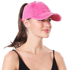 Criss Cross Ponytail Hat Washed Distressed Baseball Cap Adjustable High Messy Bun Ponycap for Women Rose Red