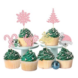 Gyufise 24Pcs Christmas Cupcake Toppers Christmas Ho Ho Cupcake Picks Pink Glitter Christmas Tree Cupcake Toppers Snowflake Cupcake Toppers Christmas Cupcake Decorations