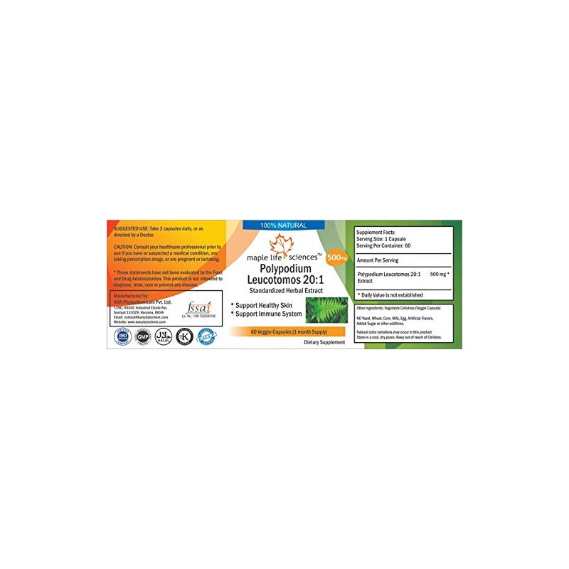Polypodium Leucotomos 20:1 Extract - 500mg - 60 Vegan Capsules