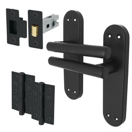 EAI Internal Door Handle Latch Set - Matt Black | Olbia Lever on Backplate with 78mm Latch & 3 Inch Hinges | Universal Black Door Handles for Indoors | Lockable Interior Handles