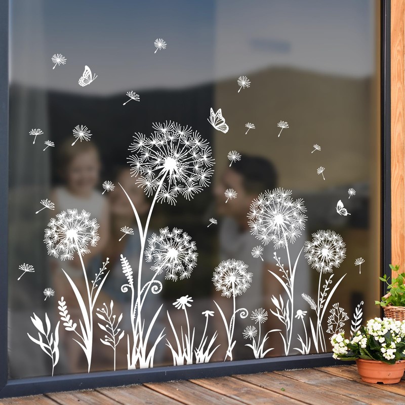 Tanlaby White Dandelion Window Clings Flowers Butterflies Static Window Stickers