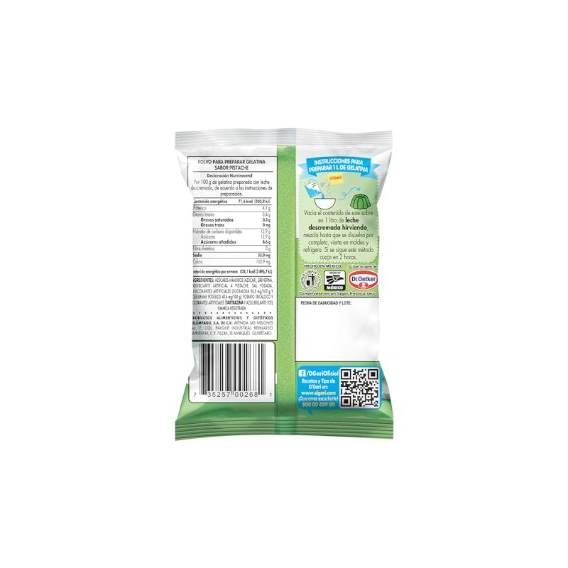 DGari Polvo para preparar gelatina con leche sabor pistache 120