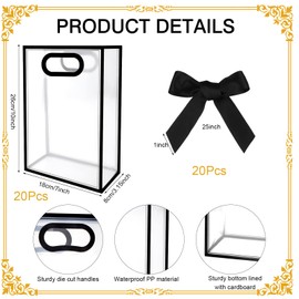 20 Pcs Clear Gift Bags with Handles 7.1"x10.2"x3.2" Plastic Party Favor Bag with 20 pcs Ribbon Reusable Transparent Gifts Wrap Bag for Wedding Bridal Shower Bachelorette Birthday Party