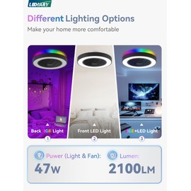 LEDIARY 20 Inch Low Profile Ceiling Fans With Lights, Led Bladeless Ceiling Fan, Remote Control Enclosed Flush Mount Ceiling Fan With Timming, 3000-6000K, 6 Wind Speed, 3000LM, 57W-Black RGB