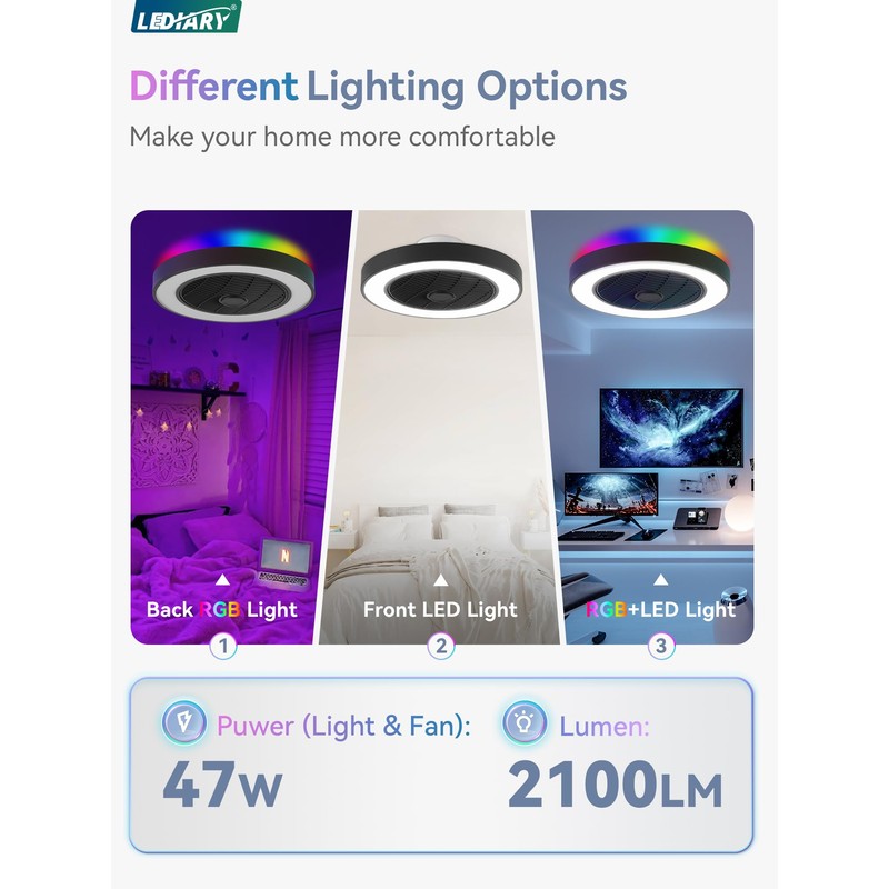 LEDIARY 20 Inch Low Profile Ceiling Fans With Lights, Led
