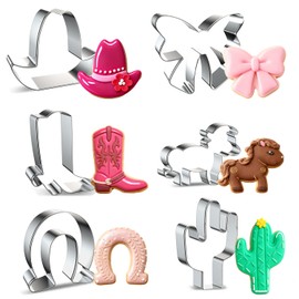 6 Piece Cowboy Cowgirl Cookie Cutter Set, Small Western Boot Cookie Cutter Bow, Cowboy Hat, Cactus, Horse Hooves Shaped Stainless Steel Metal Molds Perfect for Western Cowgirl Party