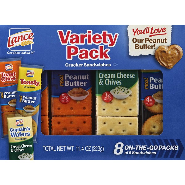 Lance Sandwich Crackers, Variety Pack, 3 Flavors, 8 Individually Wrapped Packs, 6 Sandwiches Each