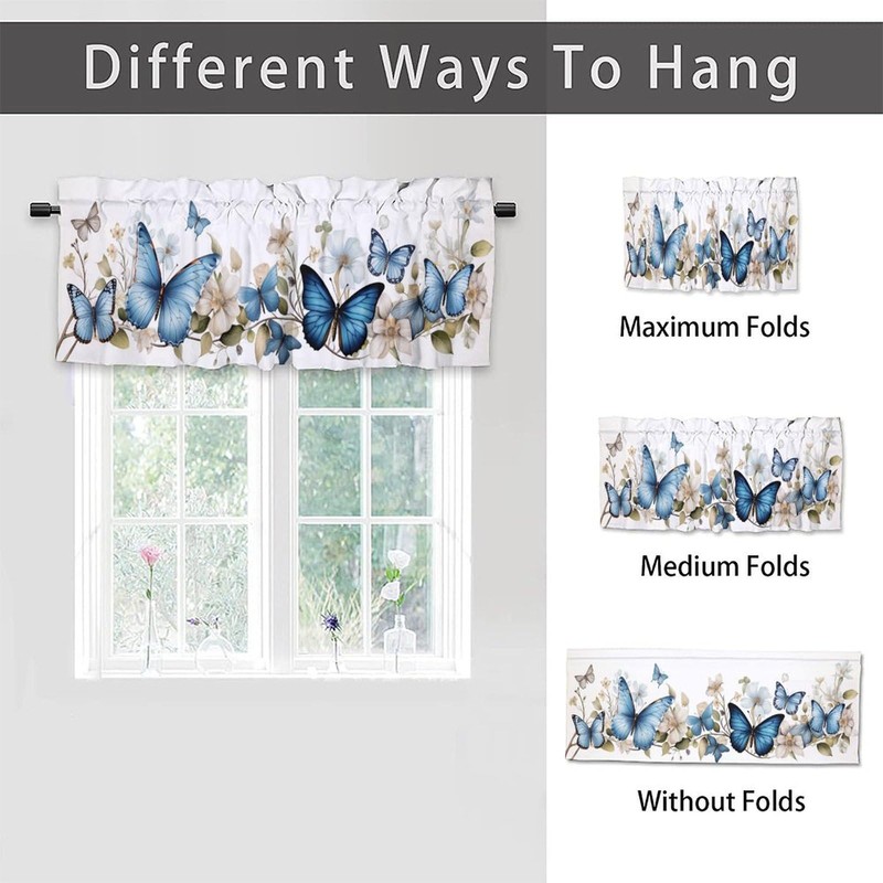 Dabuniu Valance Rod Pocket Curtain, Butterfly Pattern, Blue Butterflies Flower,