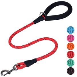 VIVAGLORY Strong Rope Lead with Soft Neoprene Padded Handle and Highly Reflective Threads, 90 cm Short Dog Lead for Training and Walking with Medium and Large Dogs, Red