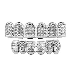 JINAO Silver Grill 14K Gold Plated Iced Out Mouth Teeth Grillz Top Bottom Tooth Caps Hip Hop Bling New Gold Shiny Grills for Your Teeth (Silver)