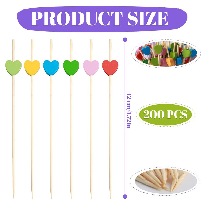 200 PCS Cocktail Sticks, Bamboo Sticks with Coloured Hearts, Bamboo