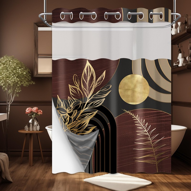 DLTAY Dark Brown and Black Hookless Shower Curtain with Snap