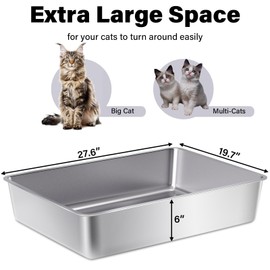 EGMEHOAD XXXL Stainless Steel Cat Litter Box -Extra Large 28"x20"x6" Metal Litter Box High Sides for Big Cats&Multiple Cats, Cat Litters Boxes Easy to Clean, No Odor, Anti-Urine Leakage