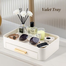 GORESA PU Leather Valet Tray with Drawer, Nightstand Organizer Catch All Tray for Jewelry Perfume Purse Trinket Key Holder, EDC Trays for Desk Vanity Entryway Table, Gift for Women Men, Cream White