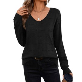 Zeagoo Black Sweaters for Women Fall V Neck Loose Knit Sweaters Cute Elegant Hollow Out Business Casual Blouse Outfits
